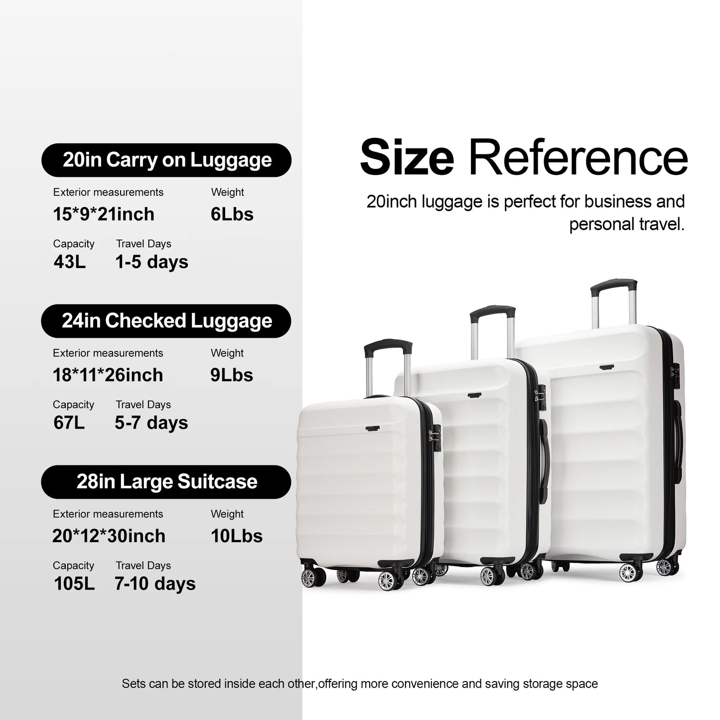 Hard Luggage Sets with Double Spinner Wheels,For Air,2-Piece Suitcase Sets,White